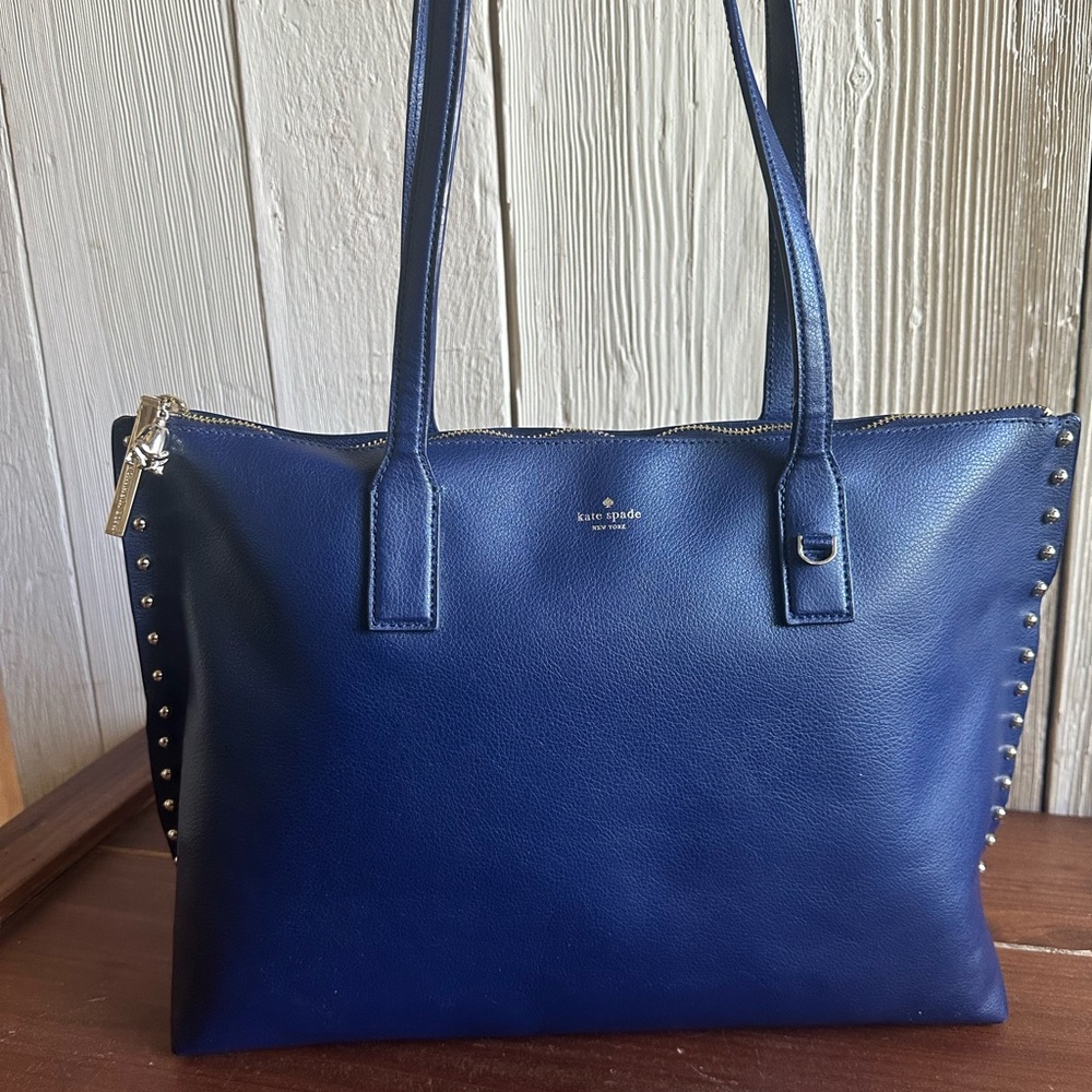 Kate Spade On Purpose Navy Leather Studded Tote Rwanda + MagSafe Wallet NWT - Picture 3 of 12